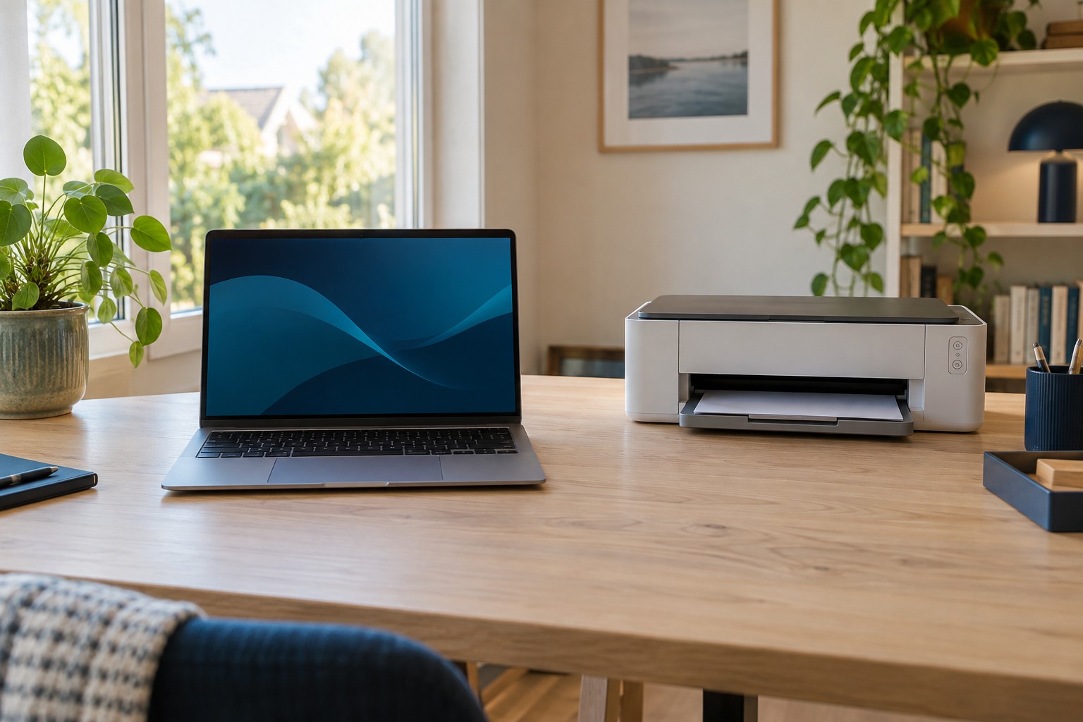 Et lyst hjemmekontor med computer og printer ved siden af hinanden på et træbord.